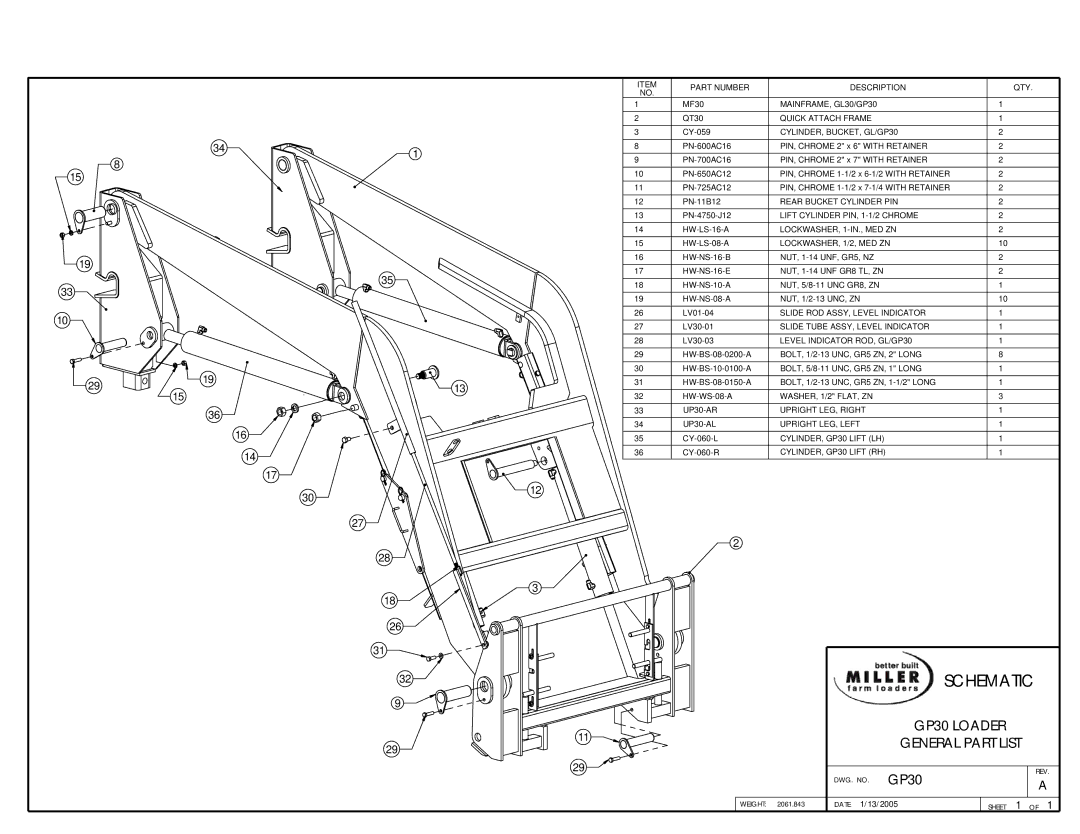 Miller Electric owner manual GP30 Loader General Part List, CYLINDER, BUCKET, GL/GP30 