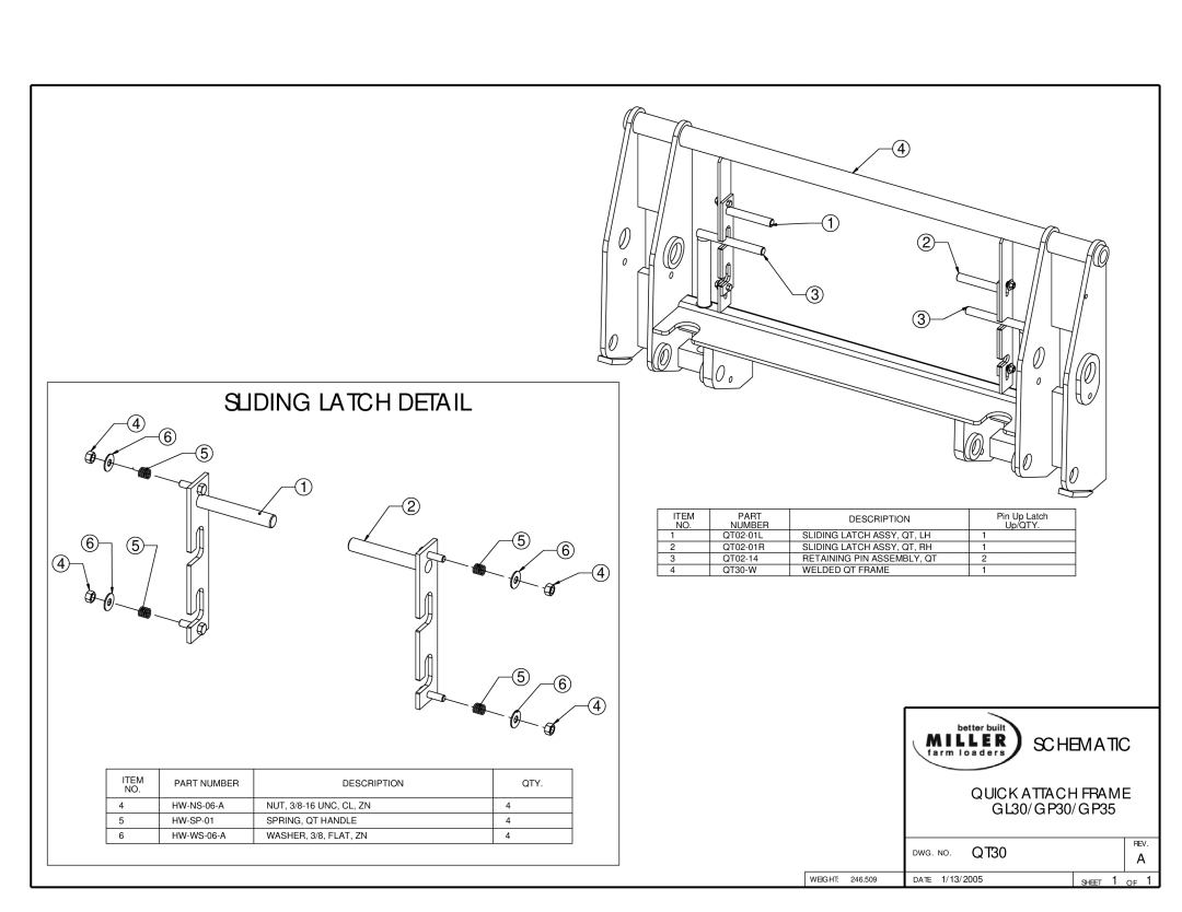Miller Electric owner manual Sliding Latch Detail, Schematic, Quick Attach Frame, GL30/GP30/GP35 
