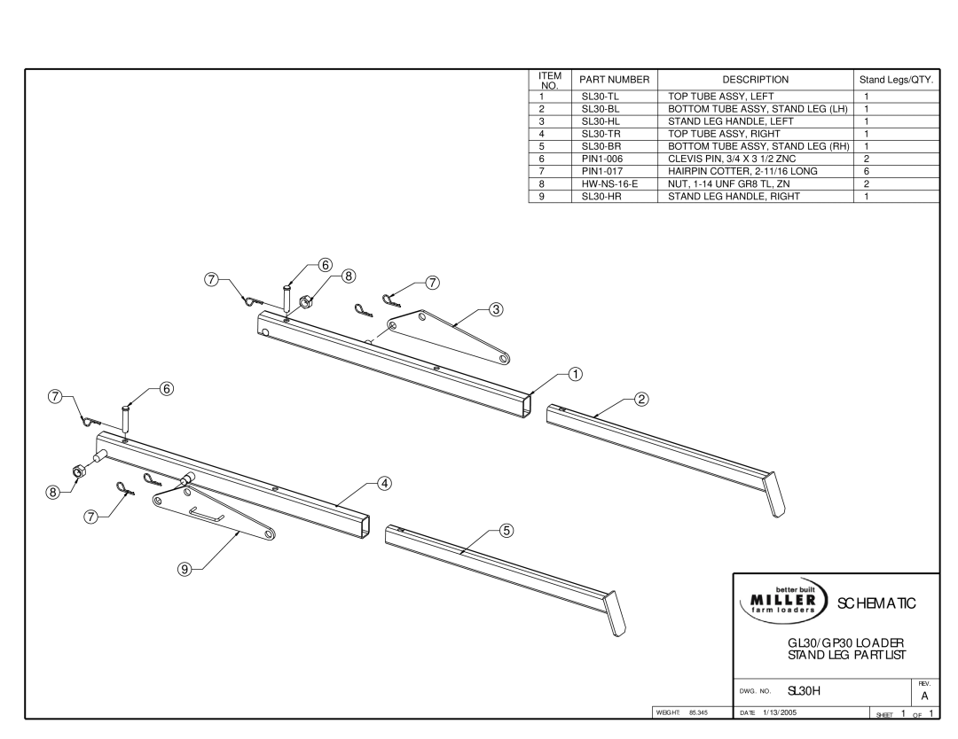 Miller Electric owner manual Schematic, GL30/GP30 LOADER, Stand Leg Part List 