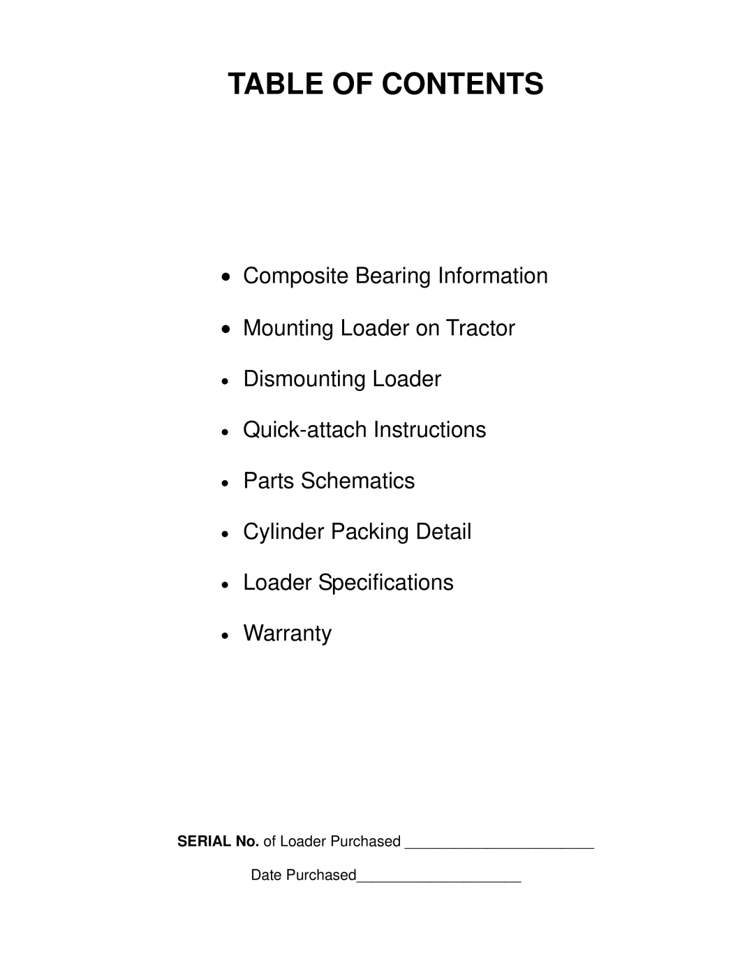 Miller Electric GP30 owner manual Table Of Contents, Composite Bearing Information Mounting Loader on Tractor 