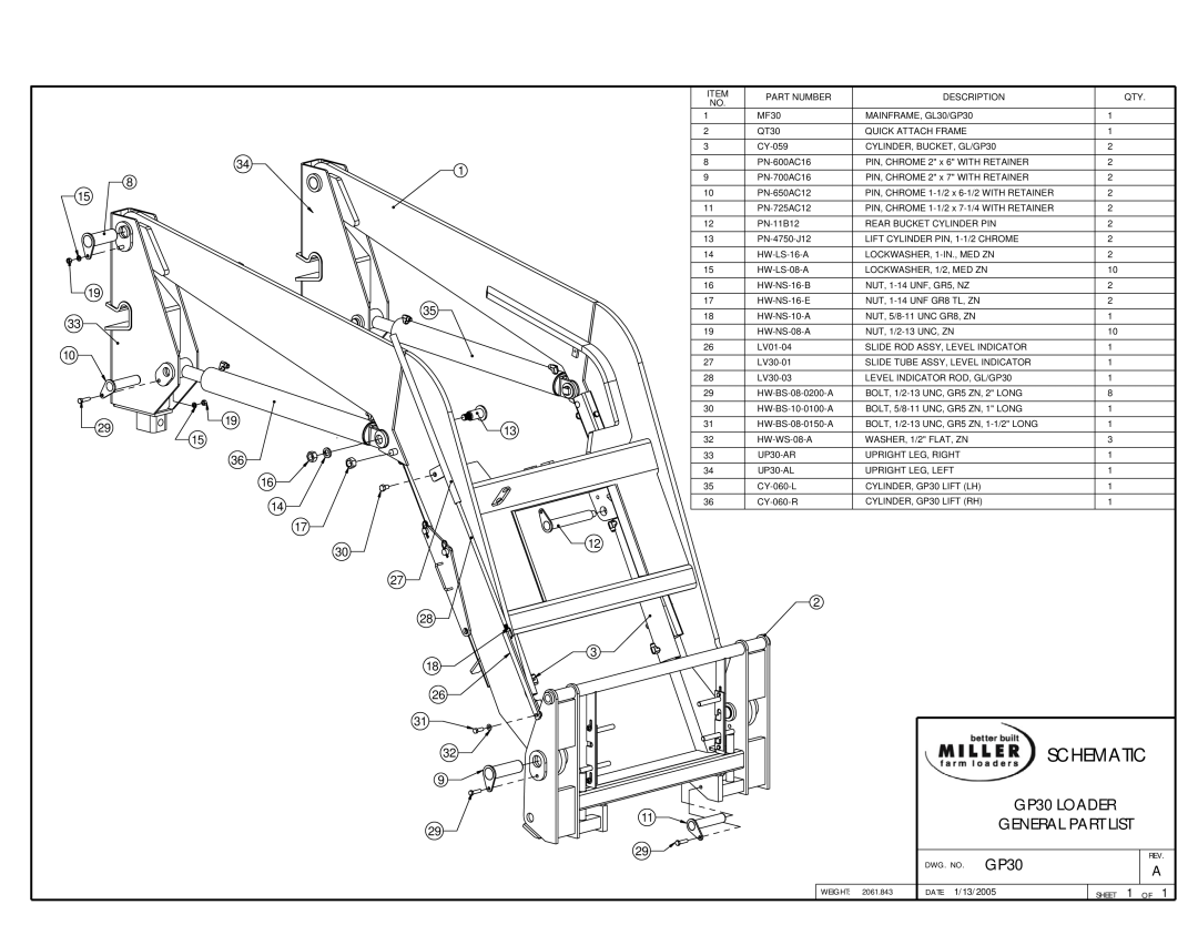 Miller Electric owner manual Schematic, GP30 LOADER GENERAL PART LIST 