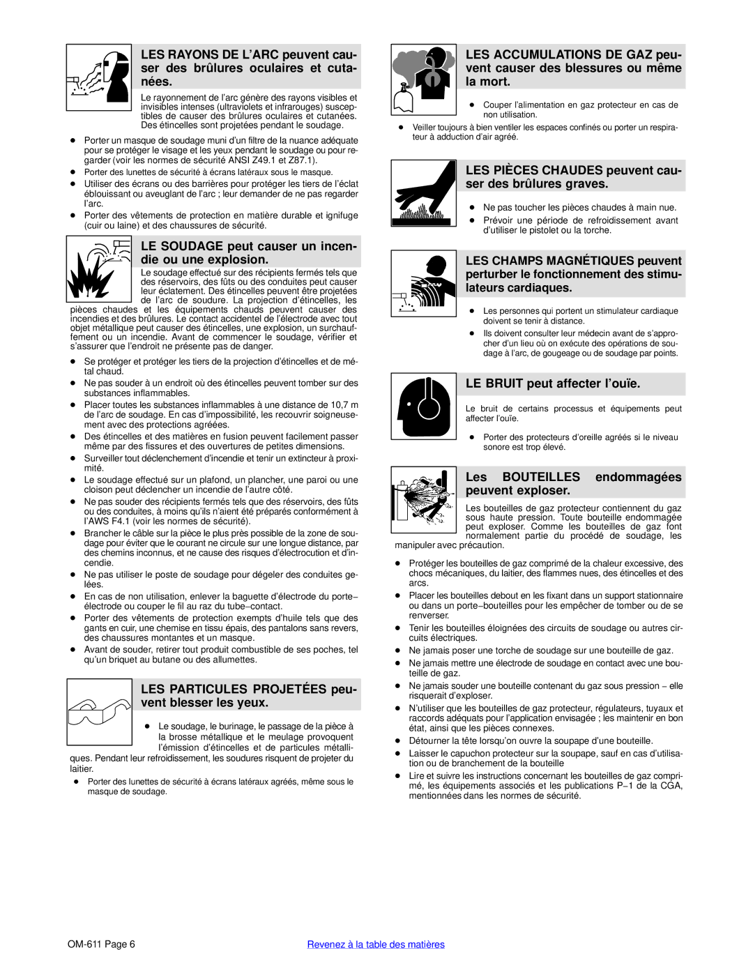 Miller Electric HF-251D-1, HF-251-2 LE Soudage peut causer un incen- die ou une explosion, LE Bruit peut affecter l’ouïe 