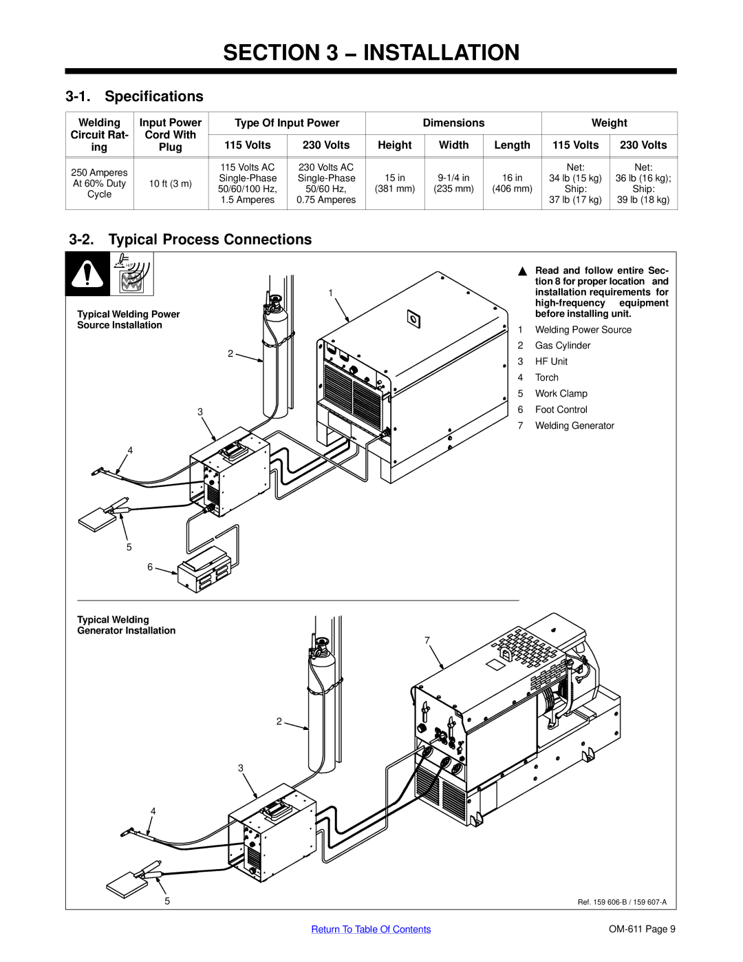 Miller Electric HF-251-2, HF-251D-1 manual Installation, Specifications, Typical Process Connections 