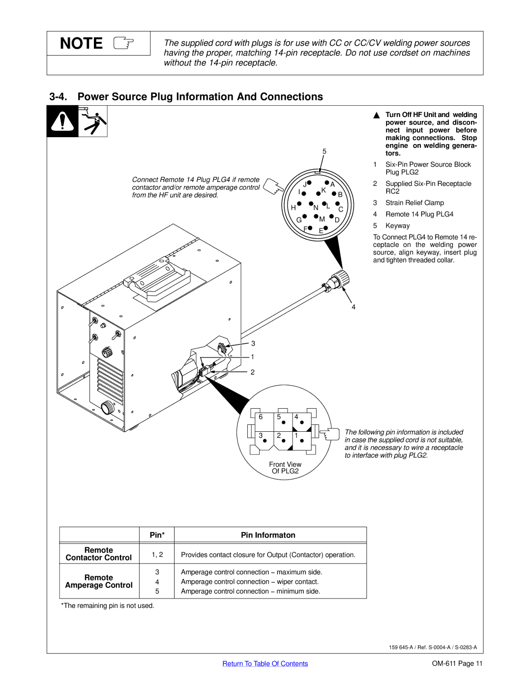 Miller Electric HF-251-2, HF-251D-1 manual Power Source Plug Information And Connections, Amperage Control 