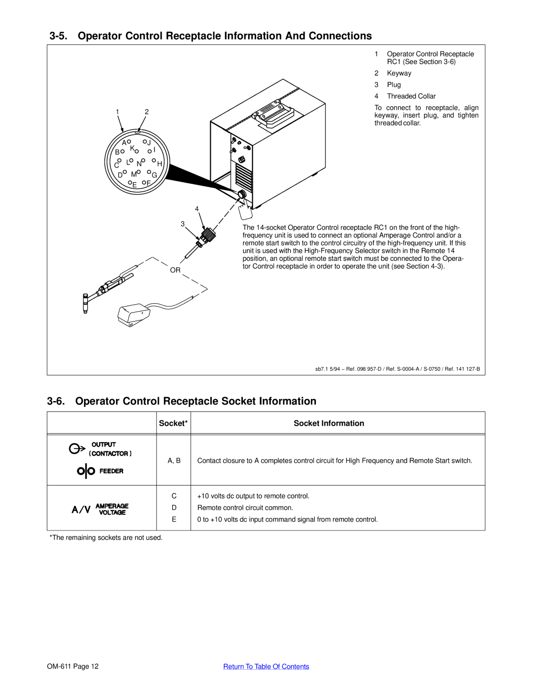 Miller Electric HF-251D-1, HF-251-2 manual Operator Control Receptacle Information And Connections, Socket 