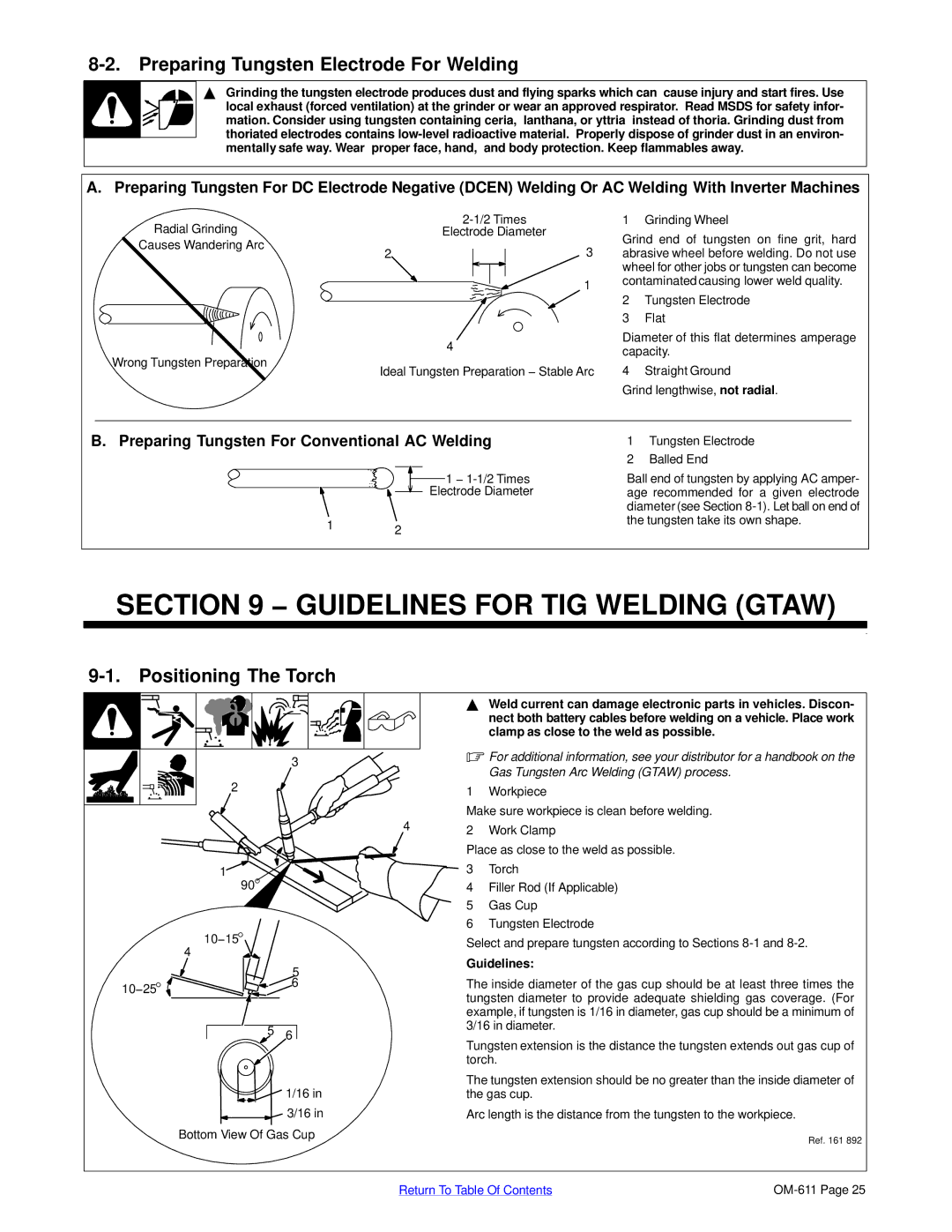 Miller Electric HF-251-2 Guidelines for TIG Welding Gtaw, Preparing Tungsten Electrode For Welding, Positioning The Torch 