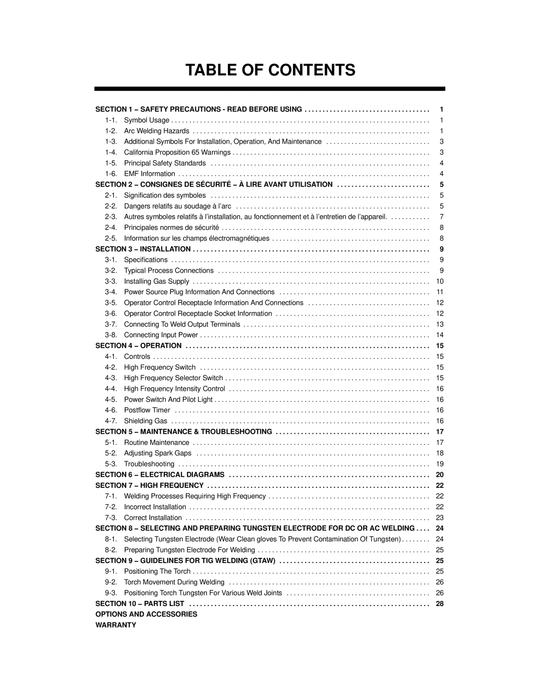 Miller Electric HF-251-2, HF-251D-1 manual Table of Contents 