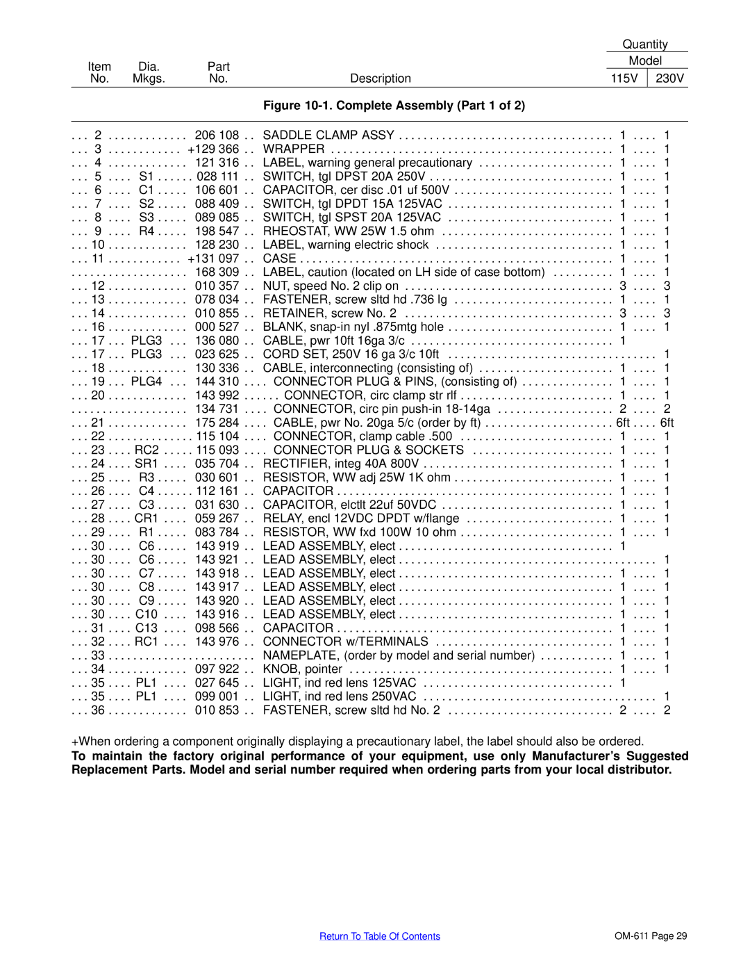 Miller Electric HF-251-2, HF-251D-1 manual Complete Assembly Part 1 