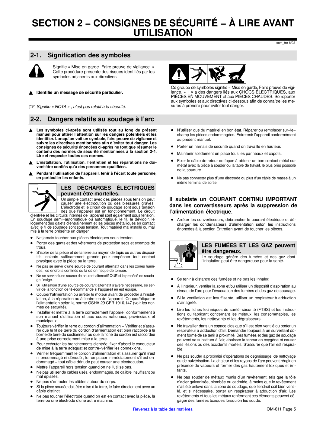 Miller Electric HF-251-2 Identifie un message de sécurité particulier, Consignes DE Sécurité − À Lire Avant Utilisation 