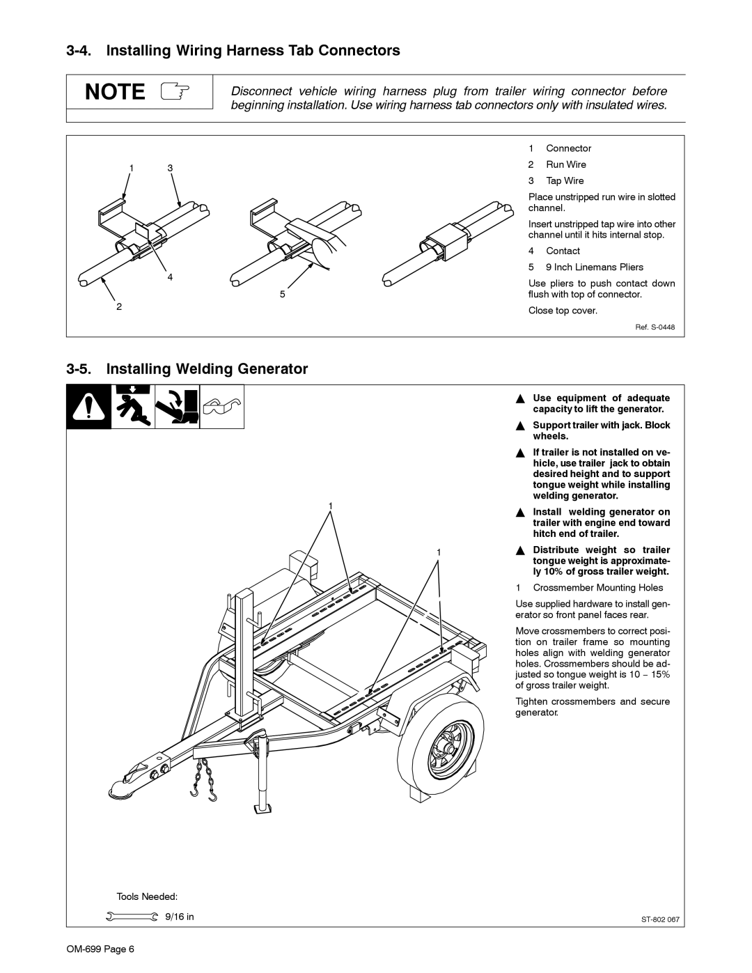 Miller Electric HWY-210, OFR-210 manual Installing Wiring Harness Tab Connectors, Installing Welding Generator 