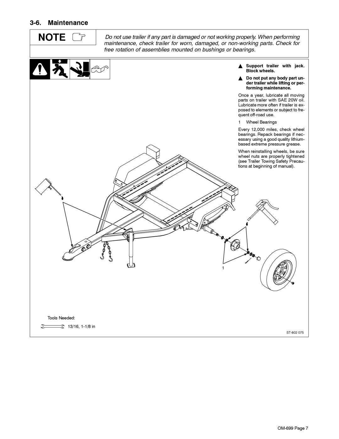 Miller Electric OFR-210, HWY-210 manual Maintenance, Support trailer with jack Block wheels 