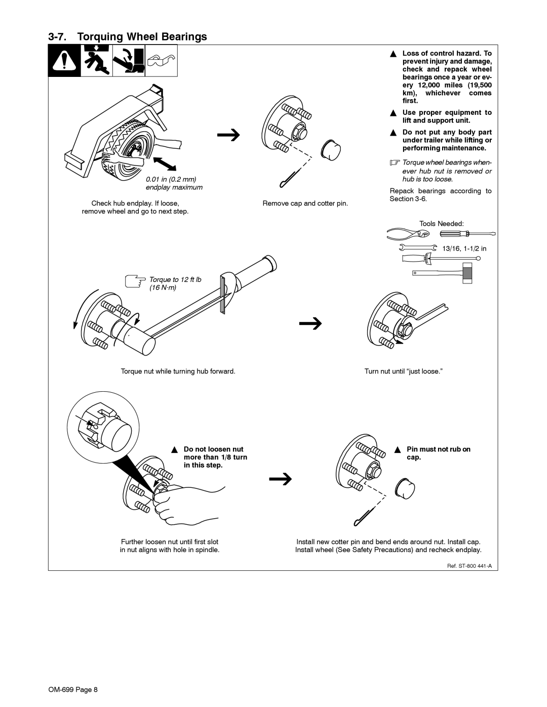 Miller Electric HWY-210, OFR-210 manual Torquing Wheel Bearings, 01 in 0.2 mm Hub is too loose Endplay maximum 