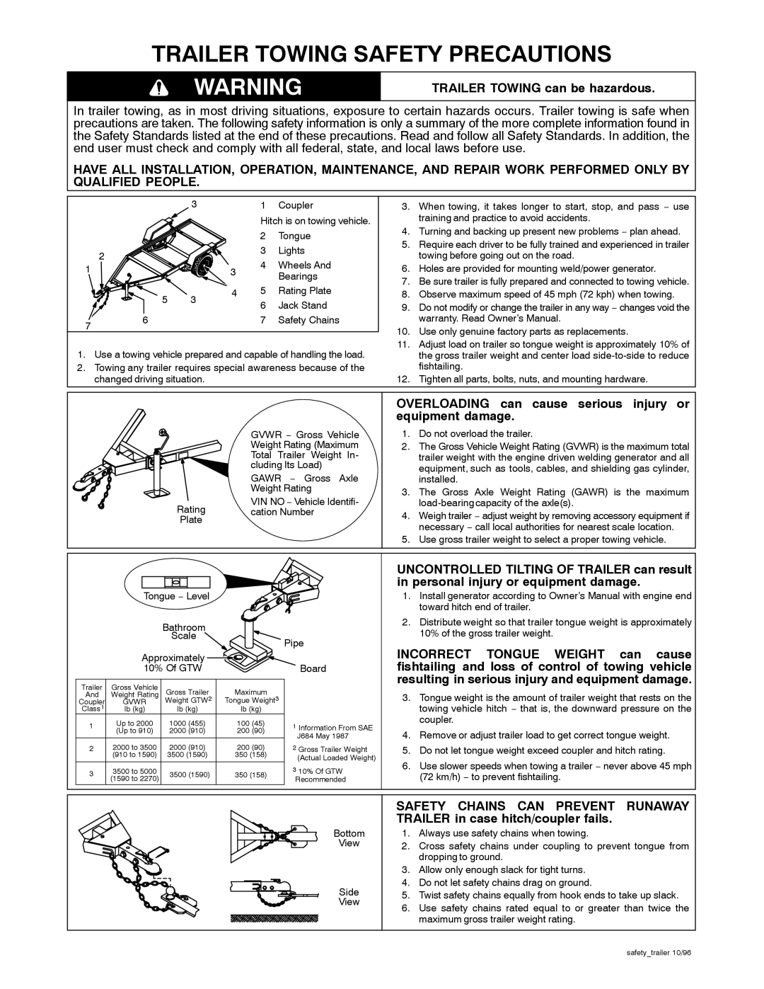 Miller Electric OFR-210, HWY-210 manual Trailer Towing Safety Precautions, Trailer Towing can be hazardous 