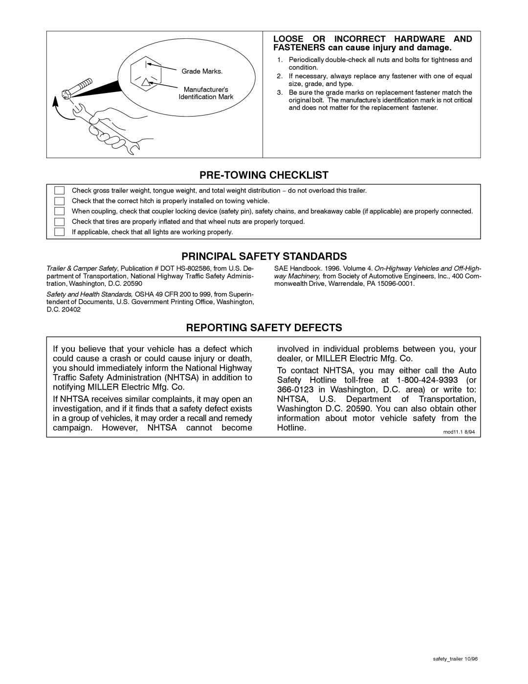 Miller Electric OFR-210, HWY-210 manual PRE-TOWING Checklist 