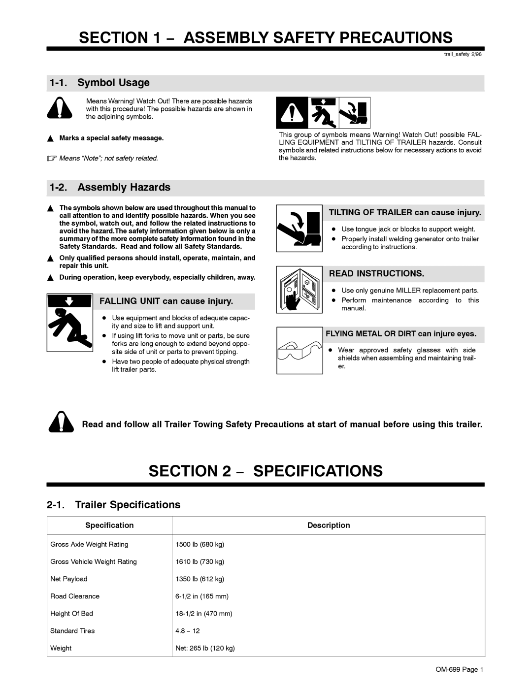 Miller Electric OFR-210, HWY-210 manual Assembly Safety Precautions, Specifications, Symbol Usage, Assembly Hazards 