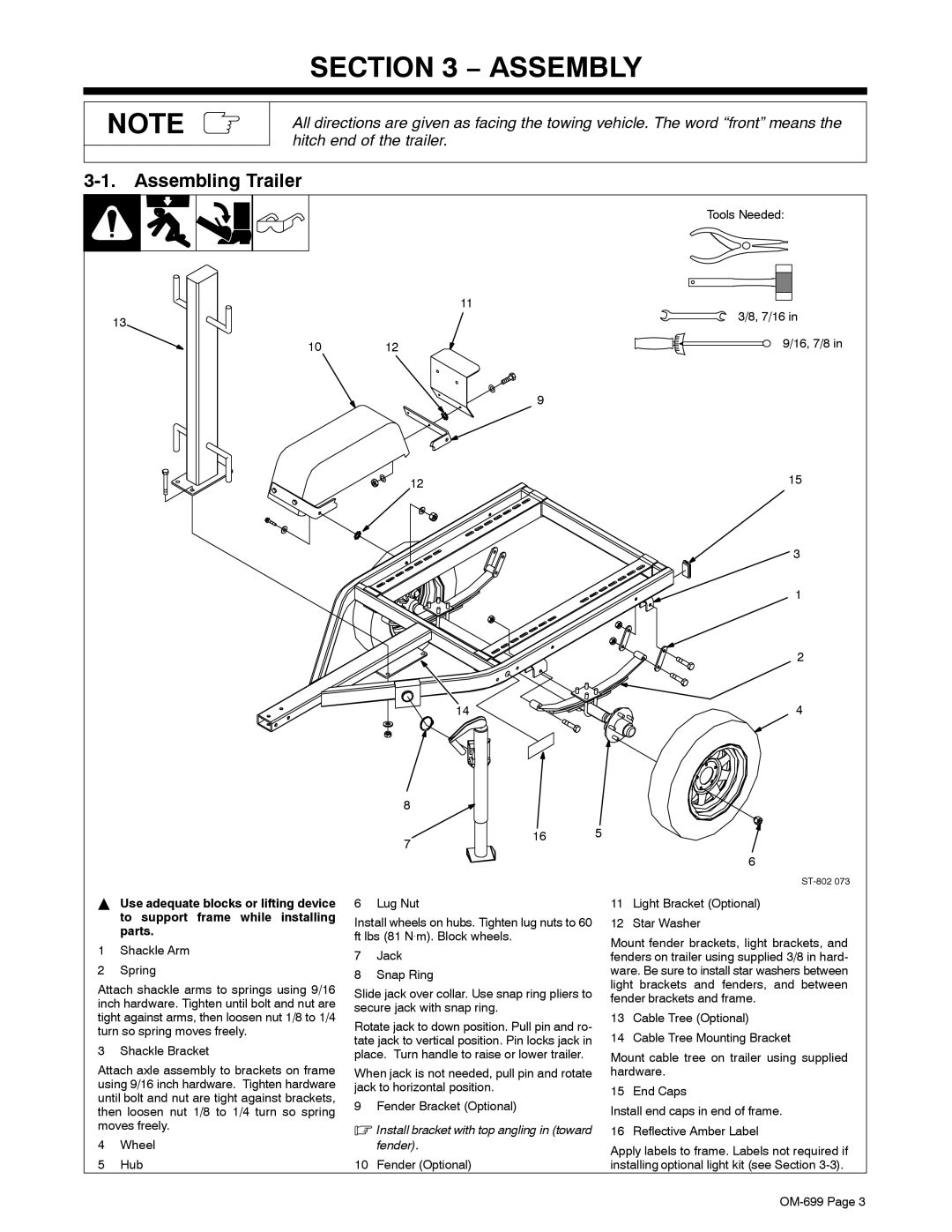 Miller Electric OFR-210, HWY-210 manual Assembly, Assembling Trailer 