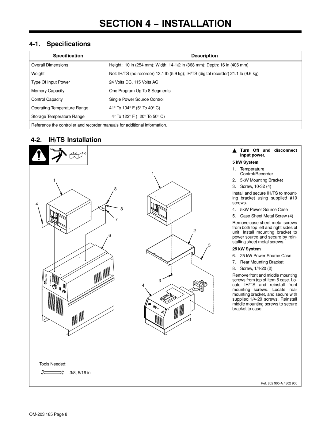 Miller Electric manual Specifications, IH/TS Installation, Specification Description 