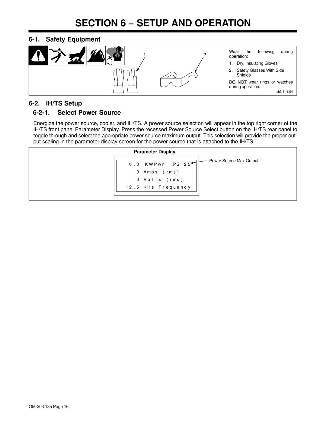 Miller Electric manual Setup and Operation, Safety Equipment, IH/TS Setup Select Power Source, Parameter Display 