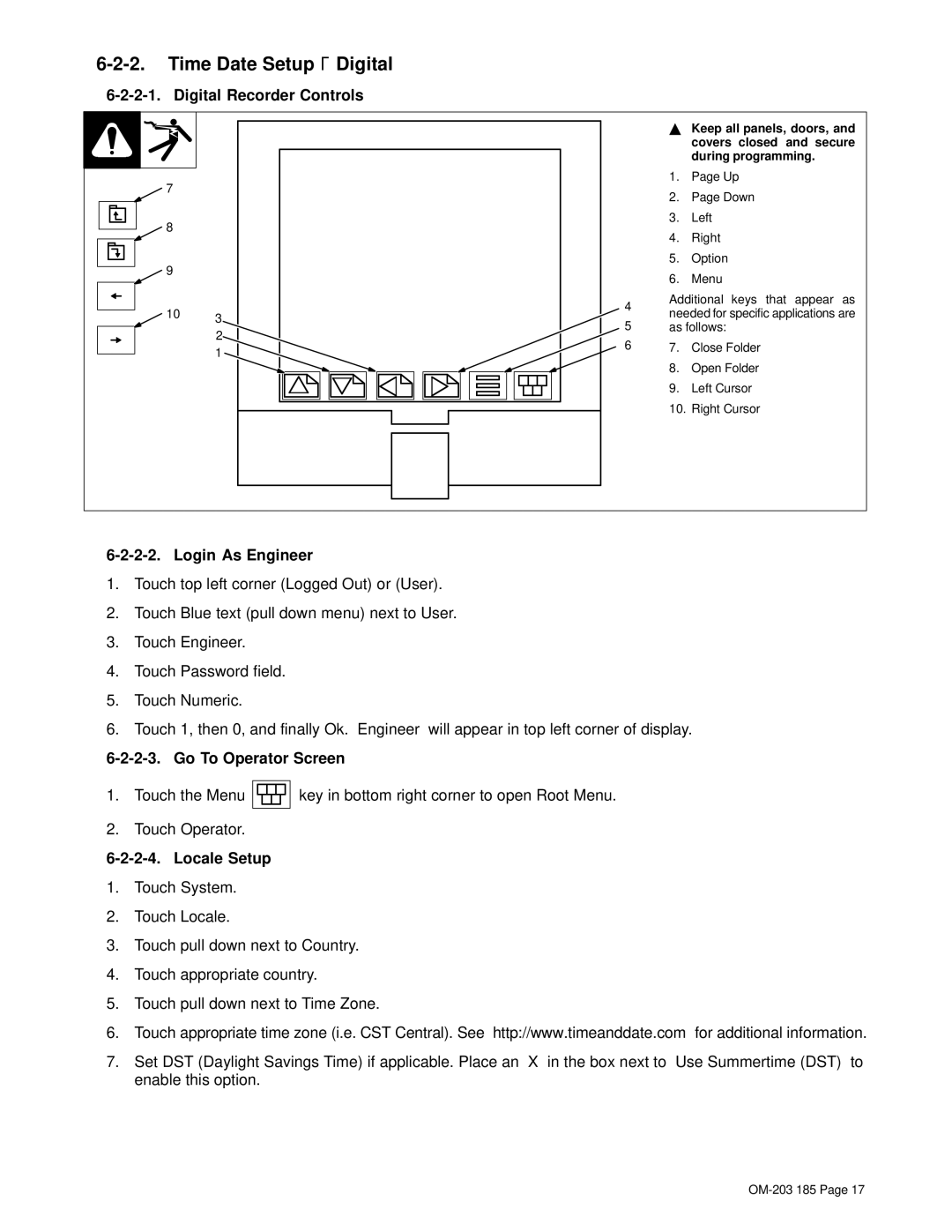 Miller Electric TS, IH manual Time Date Setup − Digital, Digital Recorder Controls, Login As Engineer, Go To Operator Screen 