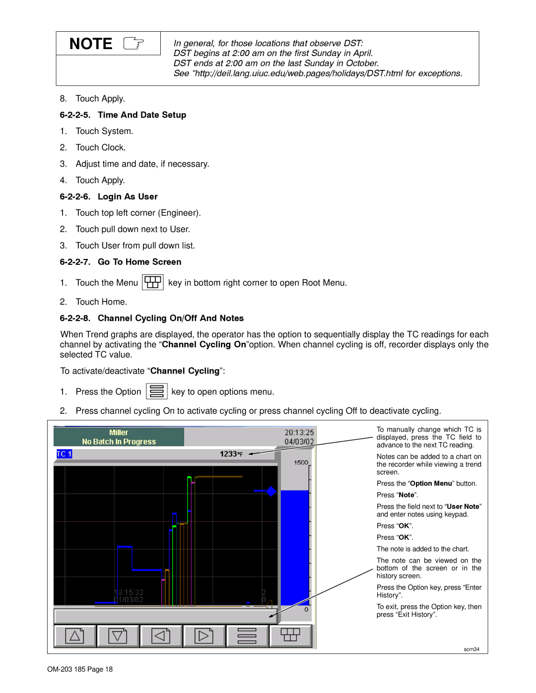 Miller Electric IH, TS manual Time And Date Setup, Login As User, Go To Home Screen, Channel Cycling On/Off And Notes 