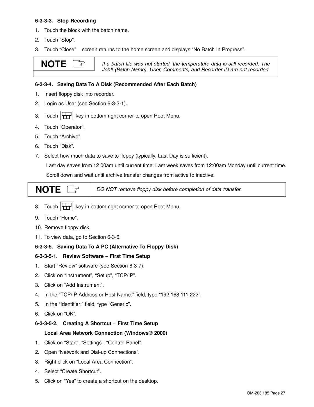 Miller Electric TS, IH manual Stop Recording, Saving Data To a Disk Recommended After Each Batch 