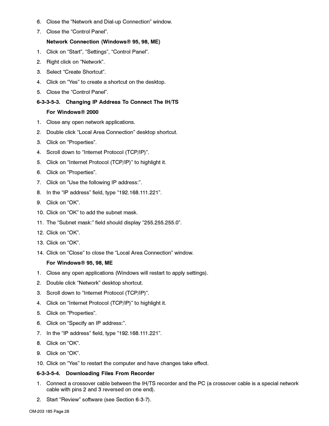 Miller Electric manual Network Connection Windows 95, 98, ME, Changing IP Address To Connect The IH/TS For Windows 