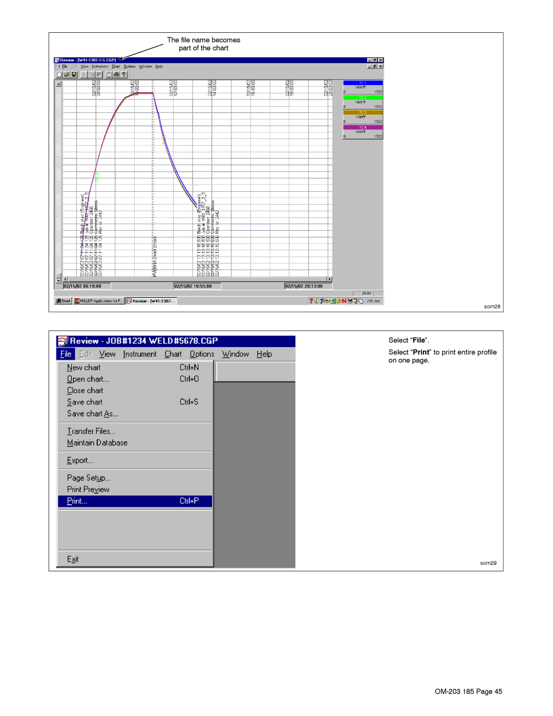 Miller Electric TS, IH manual File name becomes Part of the chart, Select File Select Print to print entire profile on one 