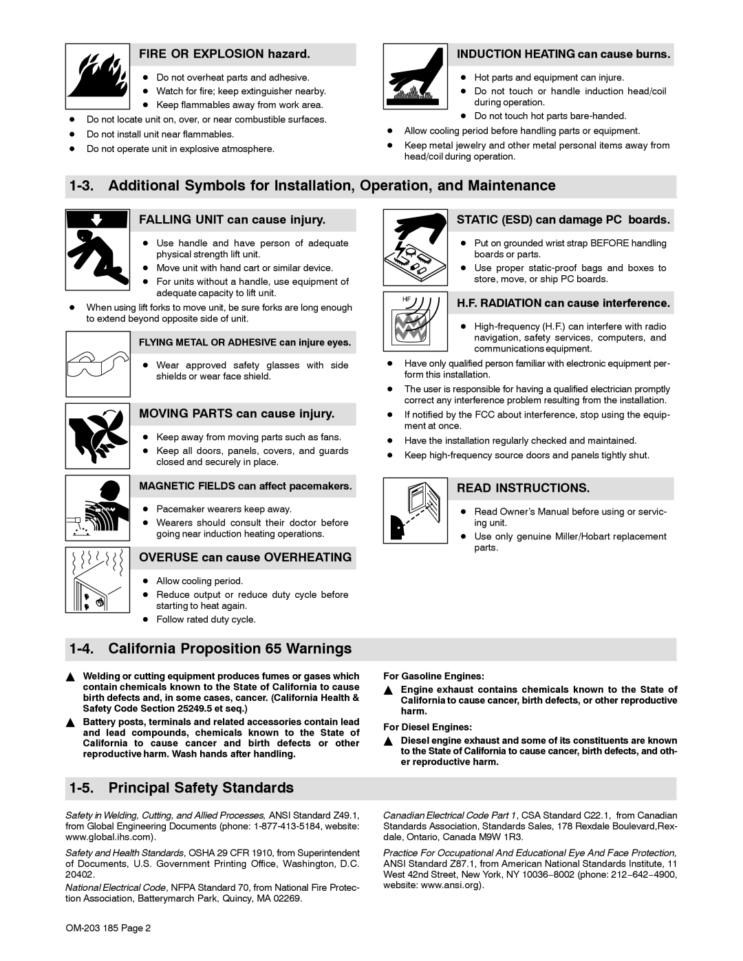 Miller Electric IH, TS manual California Proposition 65 Warnings, Principal Safety Standards 