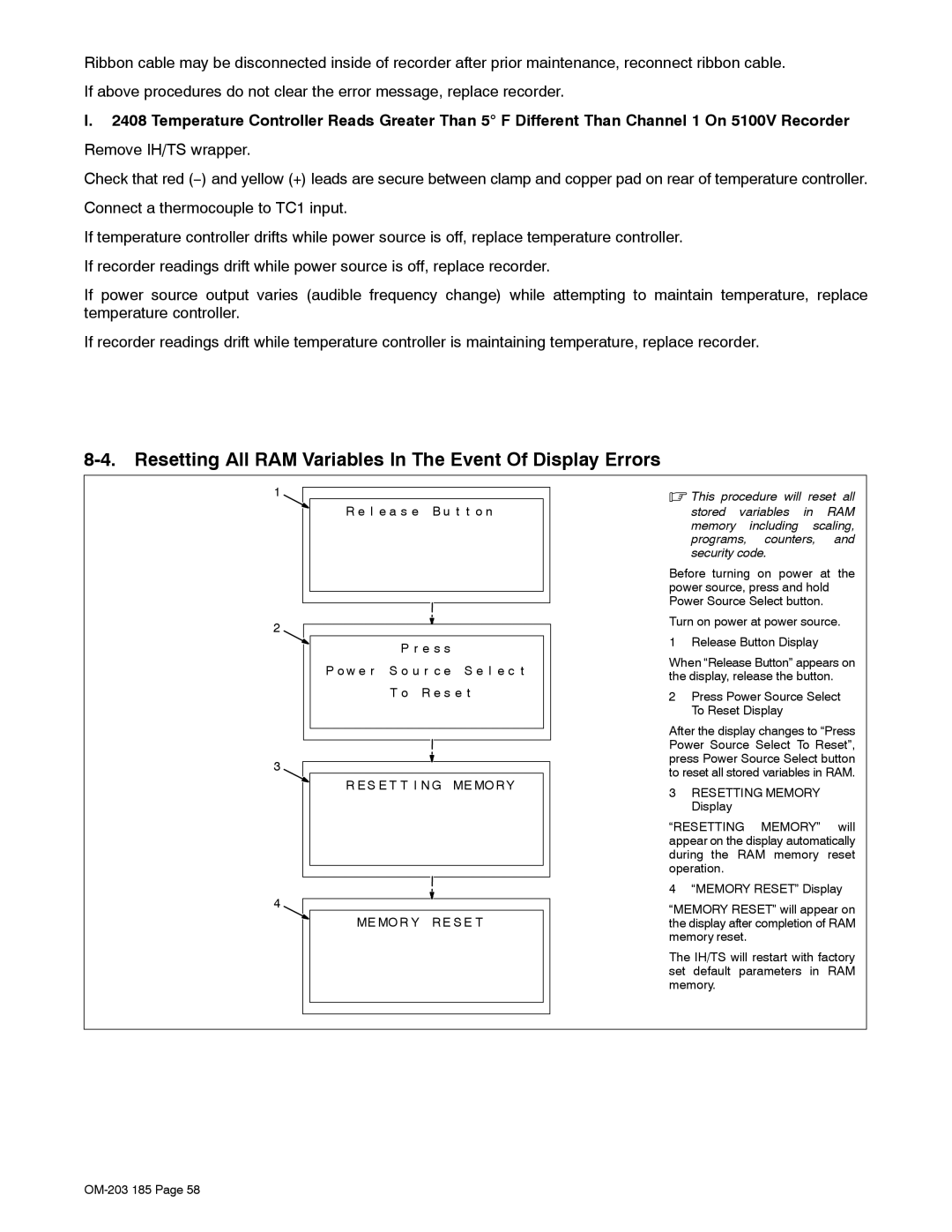 Miller Electric IH, TS manual Resetting All RAM Variables In The Event Of Display Errors 