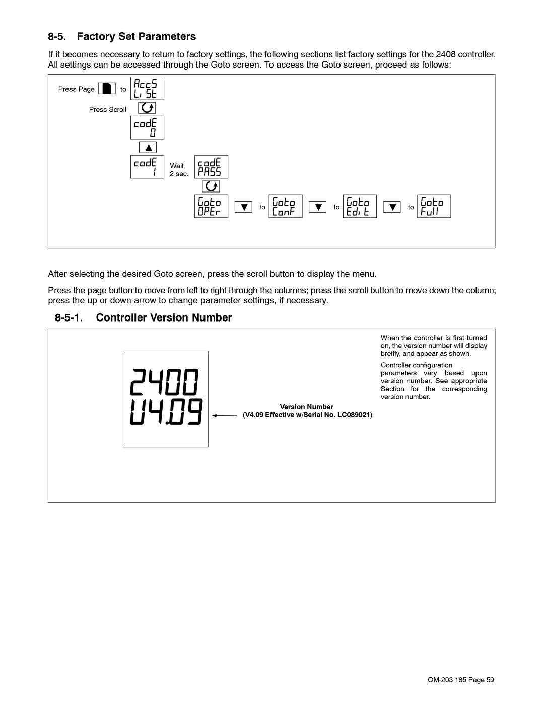 Miller Electric TS, IH manual Factory Set Parameters, Controller Version Number, Press Page to Press Scroll 