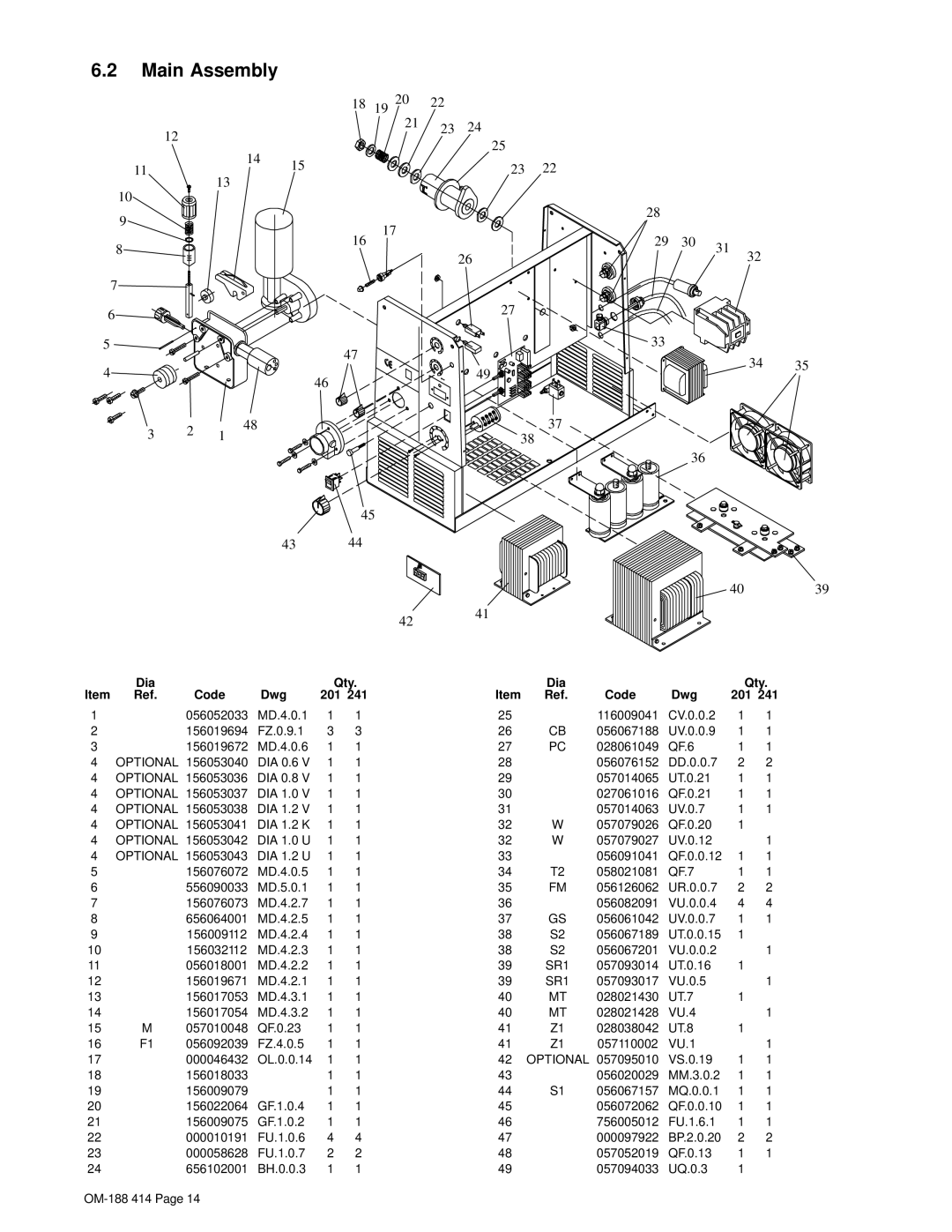 Miller Electric INTEGRA 201/241 manual Main Assembly, Dia Qty Code Dwg 201 