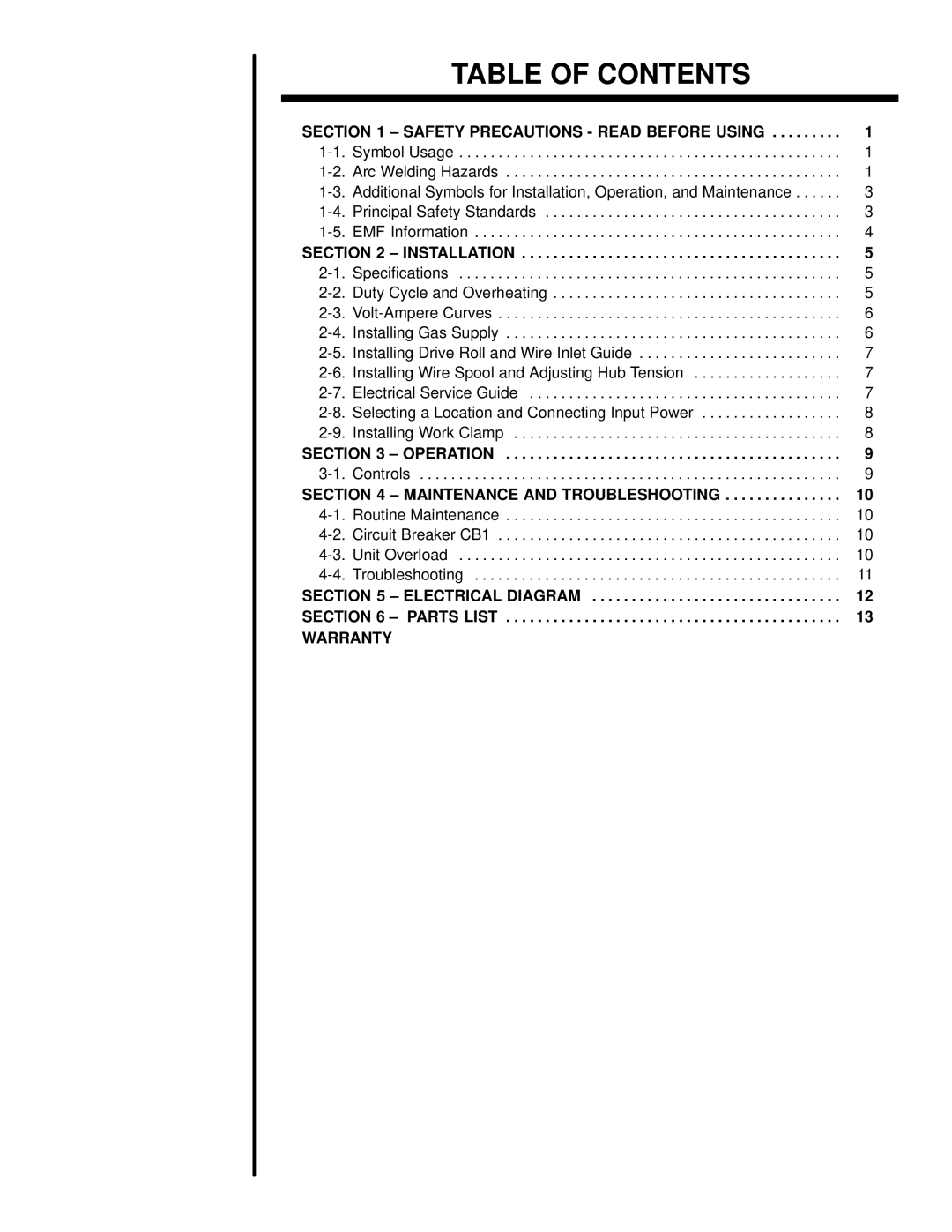 Miller Electric INTEGRA 201/241 manual Table of Contents 