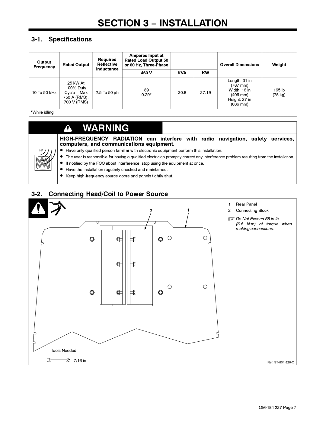 Miller Electric Intellifire 250 manual Installation, Specifications, Connecting Head/Coil to Power Source 