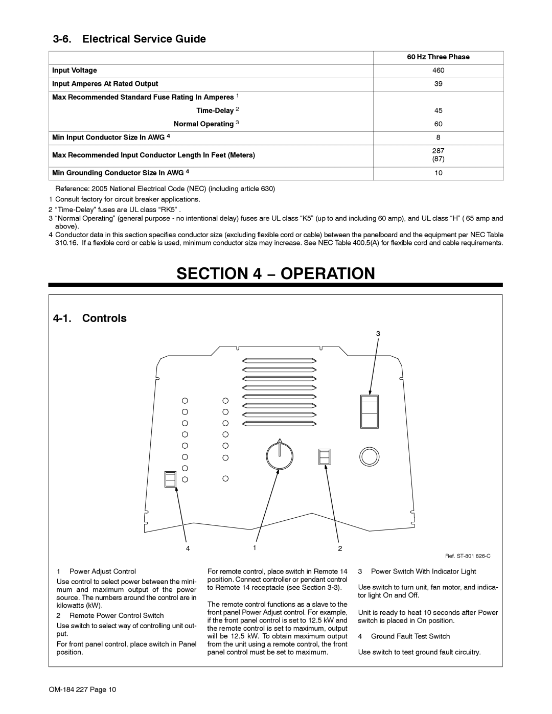 Miller Electric Intellifire 250 manual Operation, Electrical Service Guide, Controls, Hz Three Phase 