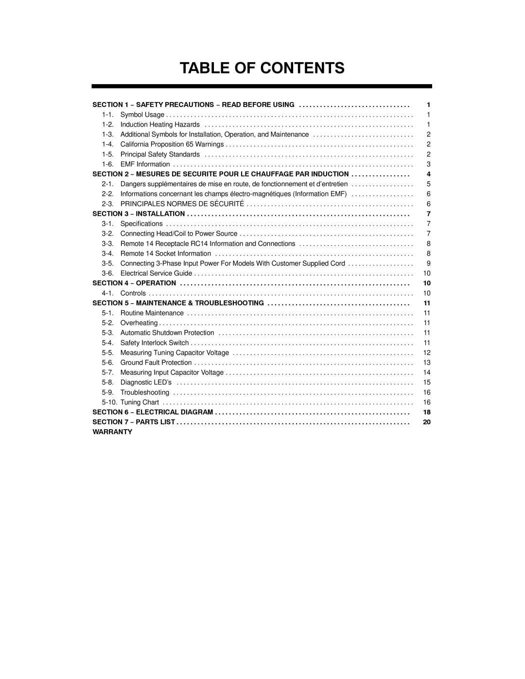 Miller Electric Intellifire 250 manual Table of Contents 