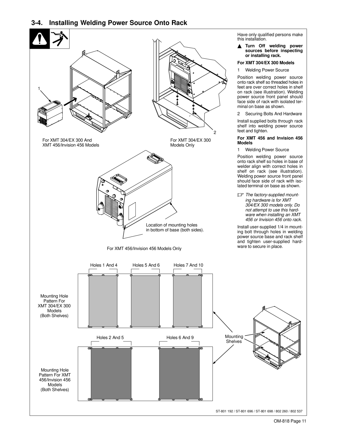 Miller Electric Inverter Rack manual Installing Welding Power Source Onto Rack, For XMT 304/EX 300 Models 