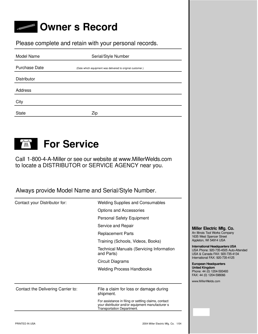 Miller Electric Inverter Rack manual Owner’s Record, Miller Electric Mfg. Co 