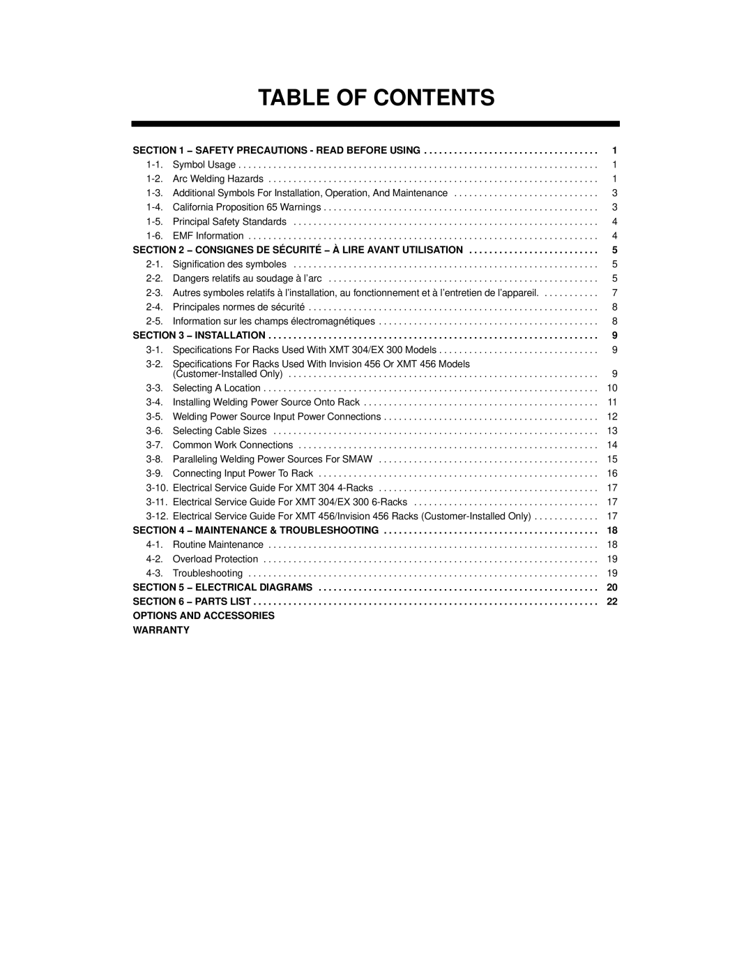 Miller Electric Inverter Rack manual Table of Contents 