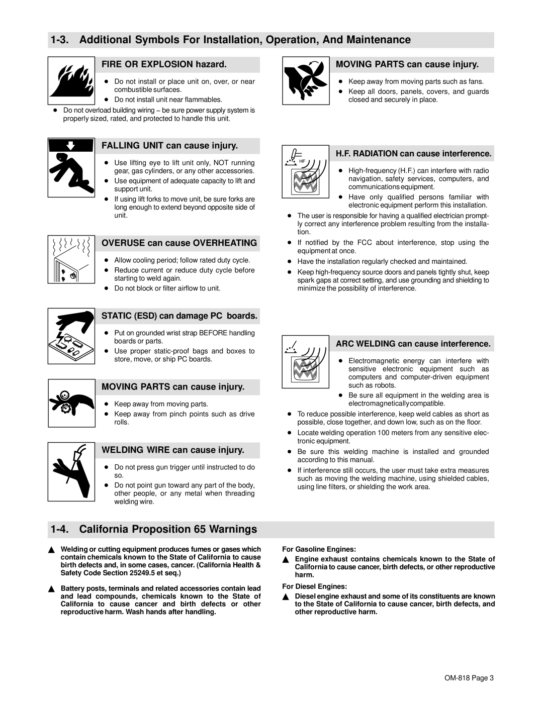 Miller Electric Inverter Rack manual California Proposition 65 Warnings 