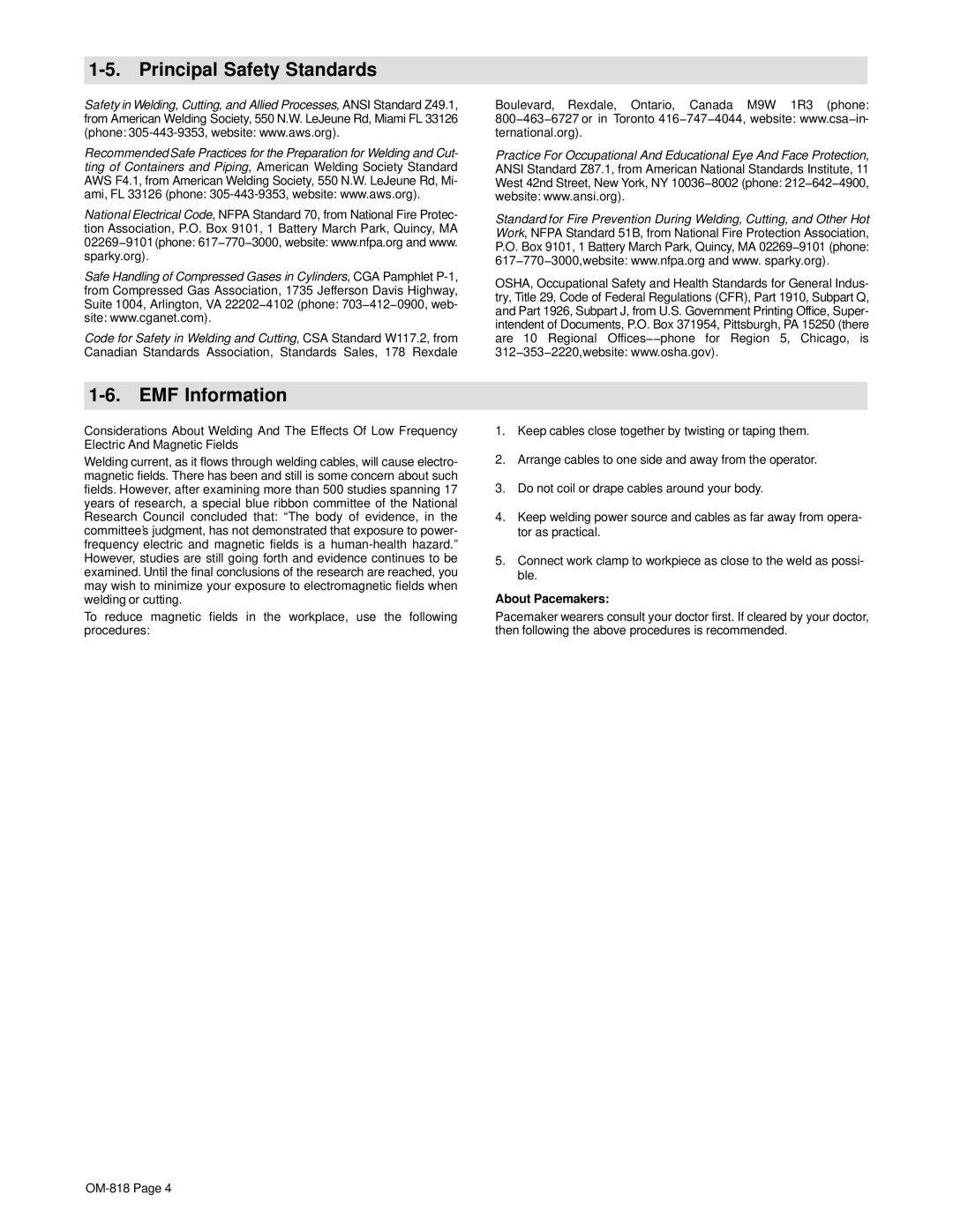 Miller Electric Inverter Rack manual Principal Safety Standards, EMF Information, About Pacemakers 