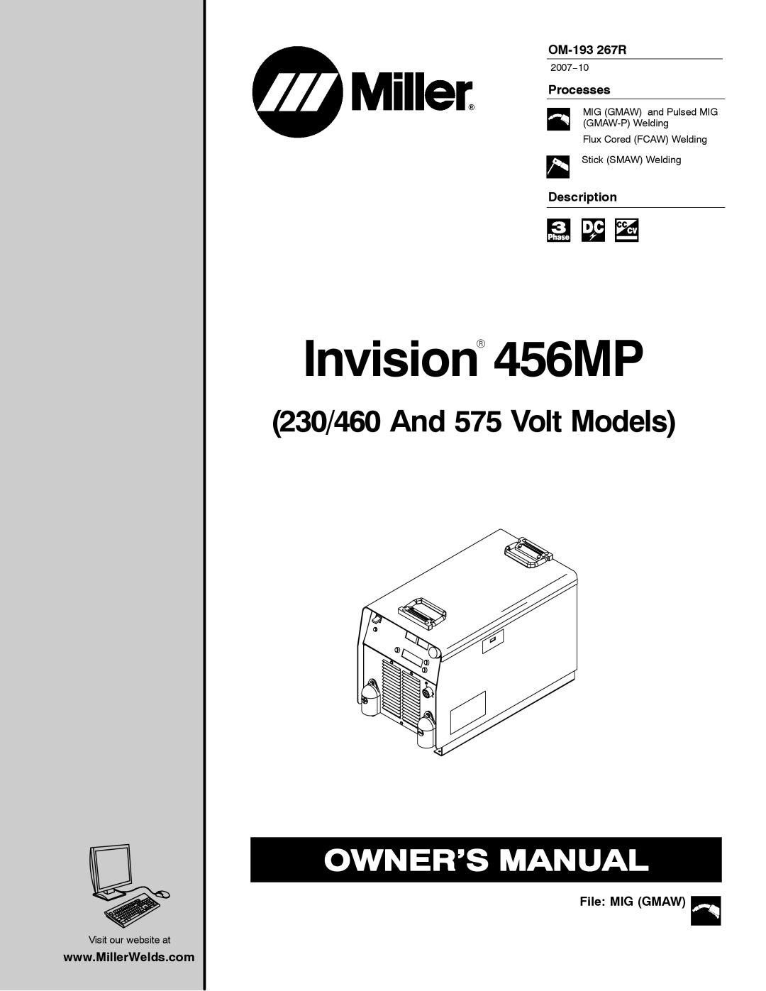 Miller Electric Invision 456MP manual OM-193 267R, Processes, Description, File MIG Gmaw 