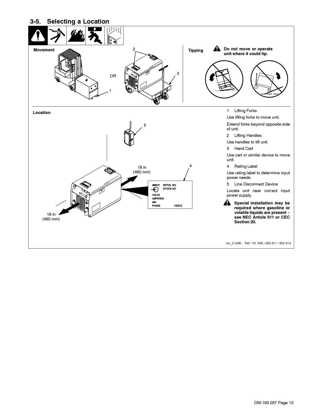 Miller Electric Invision 456MP manual Selecting a Location 