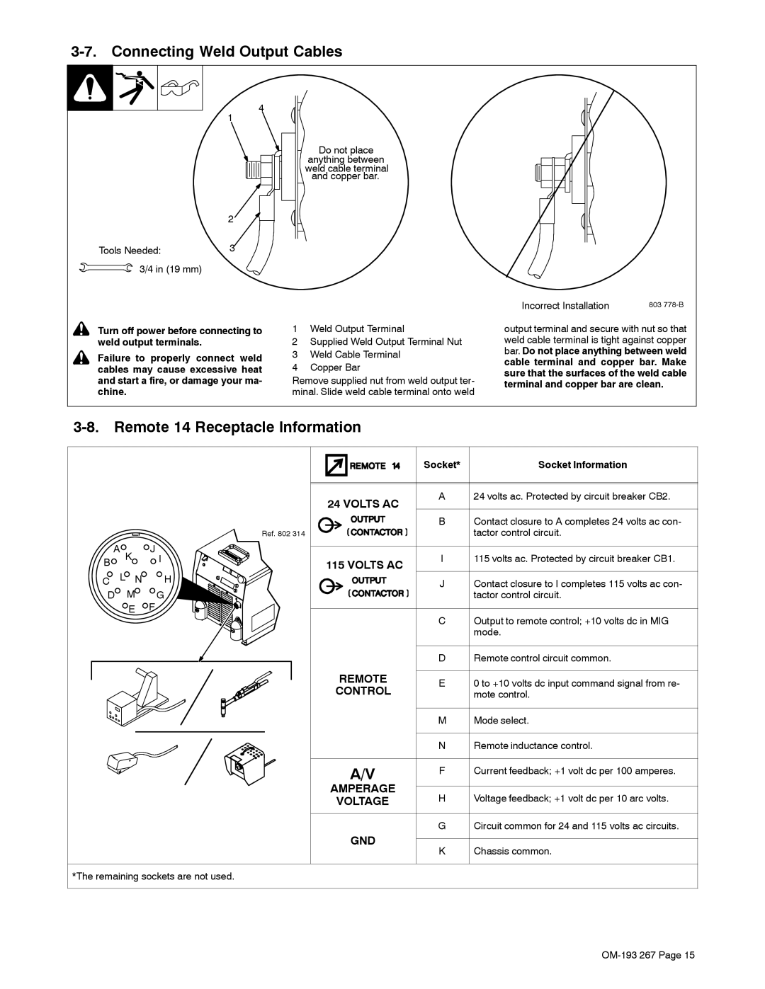 Miller Electric Invision 456MP manual Connecting Weld Output Cables, Remote 14 Receptacle Information 
