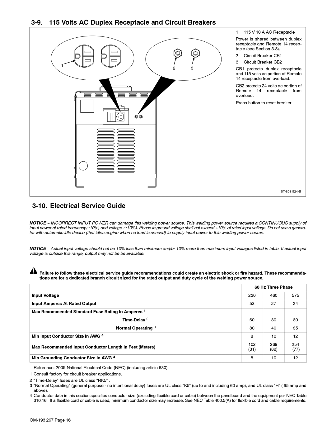 Miller Electric Invision 456MP Volts AC Duplex Receptacle and Circuit Breakers, Electrical Service Guide, Hz Three Phase 