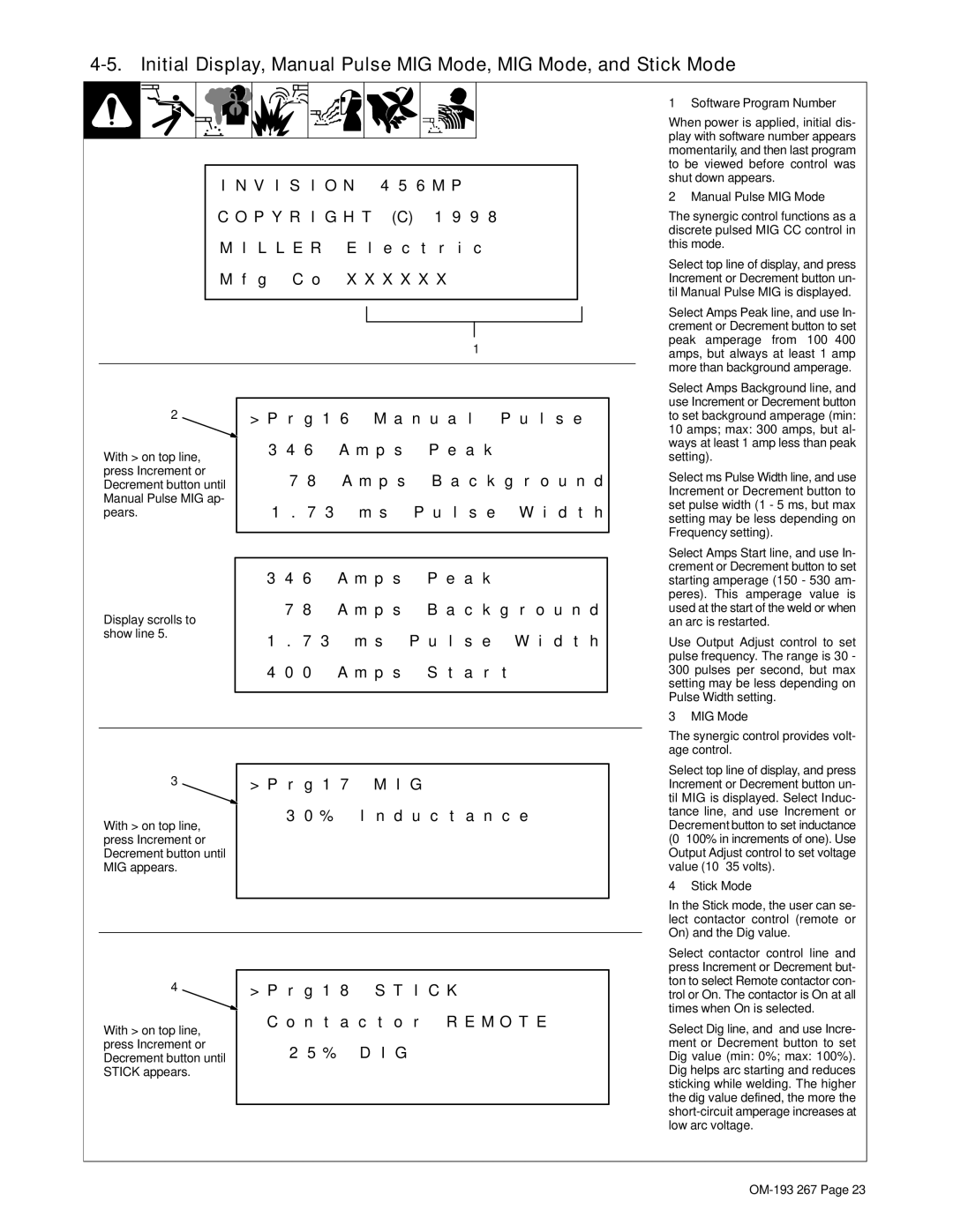 Miller Electric Invision 456MP manual Press Increment or Decrement button until MIG appears, Stick appears 