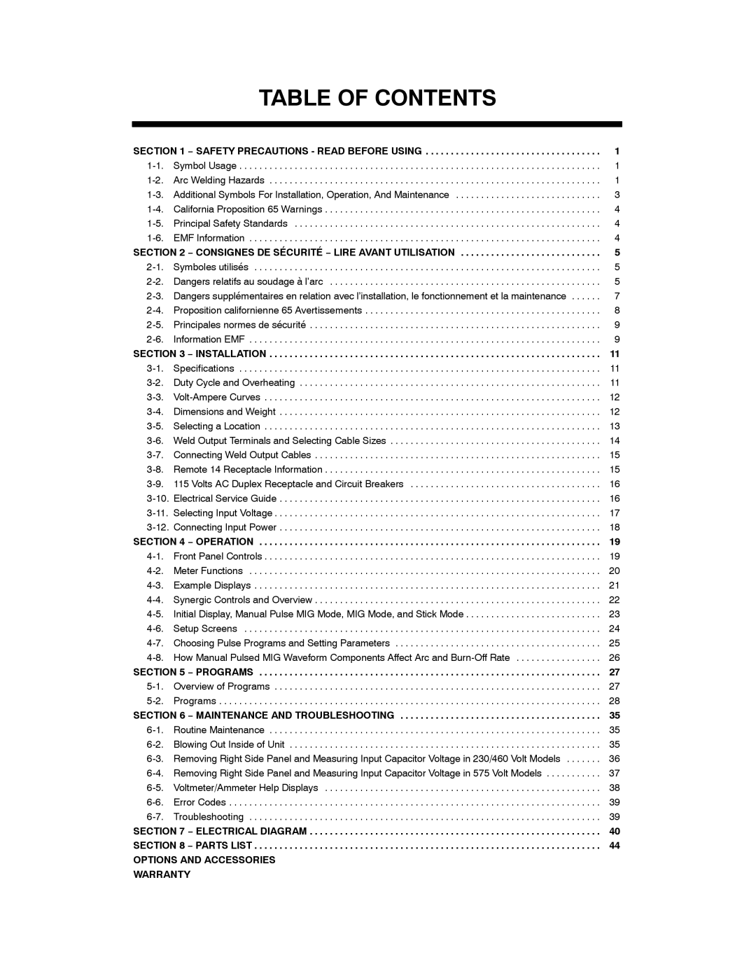 Miller Electric Invision 456MP manual Table of Contents 