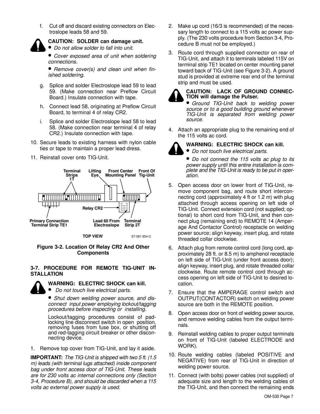 Miller Electric KC237900 manual Location Of Relay CR2 And Other Components, Procedure for Remote TIG-UNIT IN- Stallation 