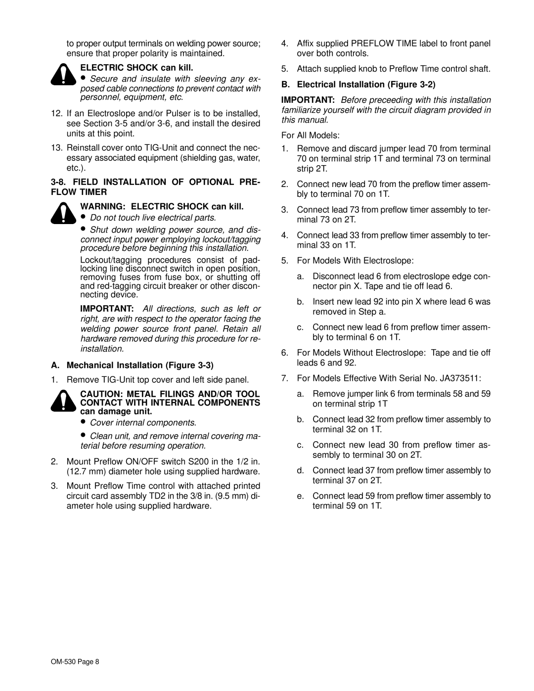 Miller Electric KC237900 manual Electric Shock can kill, Field Installation of Optional PRE- Flow Timer 