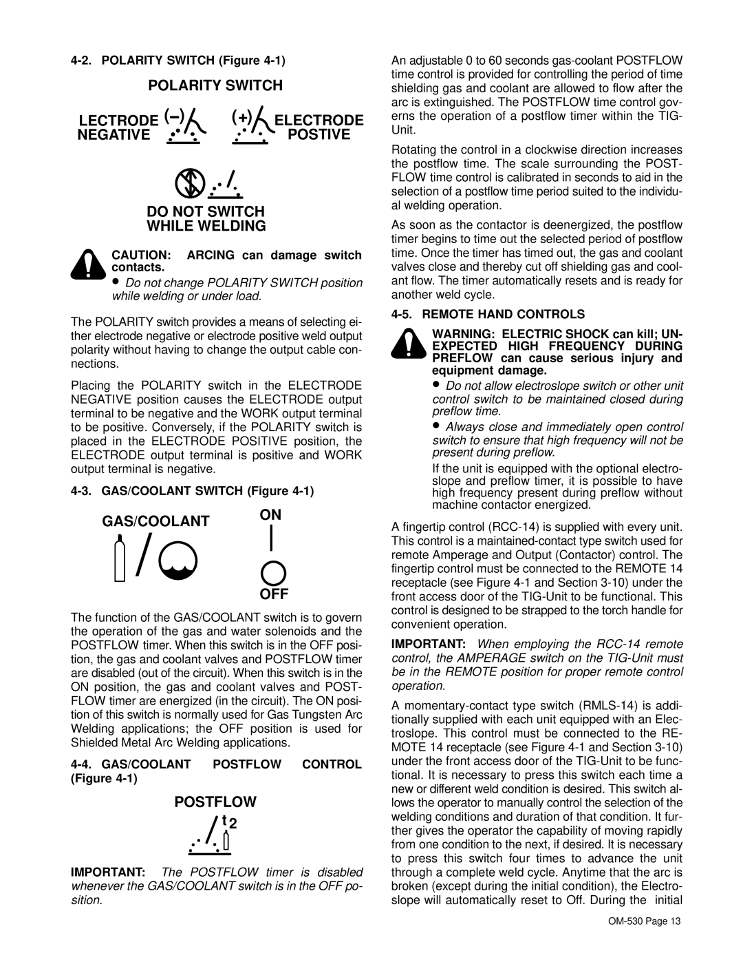 Miller Electric KC237900 manual GAS/COOLANT on OFF, Postflow, Remote Hand Controls 