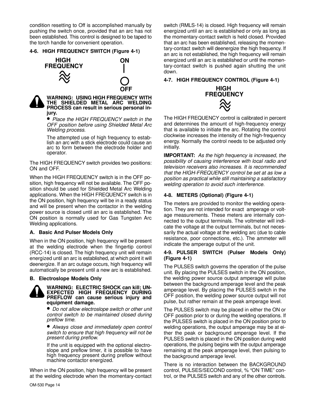 Miller Electric KC237900 manual Highon Frequency OFF, High Frequency 